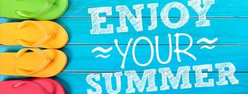 Flips flops on a dock with the text "Enjoy your summer"